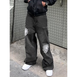 Men's Vintage Style Washed Denim Jeans with Embroidered Spider Web Design – Relaxed Fit, All-Season Casual Wear Men's Vintage Style Washed Denim Jeans with Embroidered Spider Web Design – Relaxed Fit, All-Season Casual Wear