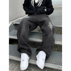 Men's Vintage Style Washed Denim Jeans with Embroidered Spider Web Design – Relaxed Fit, All-Season Casual Wear Men's Vintage Style Washed Denim Jeans with Embroidered Spider Web Design – Relaxed Fit, All-Season Casual Wear