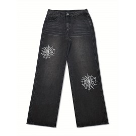 Men's Vintage Style Washed Denim Jeans with Embroidered Spider Web Design – Relaxed Fit, All-Season Casual Wear Men's Vintage Style Washed Denim Jeans with Embroidered Spider Web Design – Relaxed Fit, All-Season Casual Wear