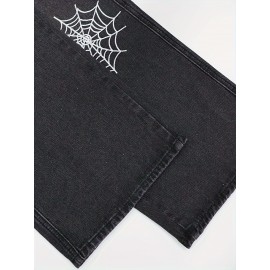 Men's Vintage Style Washed Denim Jeans with Embroidered Spider Web Design – Relaxed Fit, All-Season Casual Wear Men's Vintage Style Washed Denim Jeans with Embroidered Spider Web Design – Relaxed Fit, All-Season Casual Wear