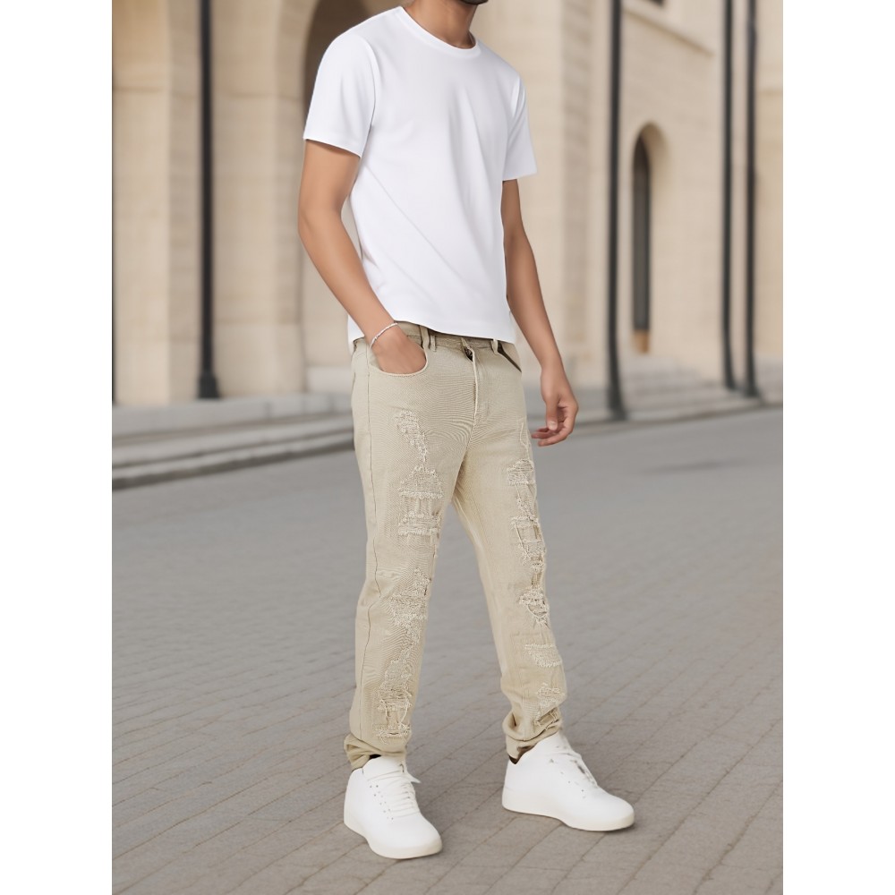 Men's Slim-Fit Stretch Cotton Jeans - Classic White, All-Season Casual Denim with Ripped Detail