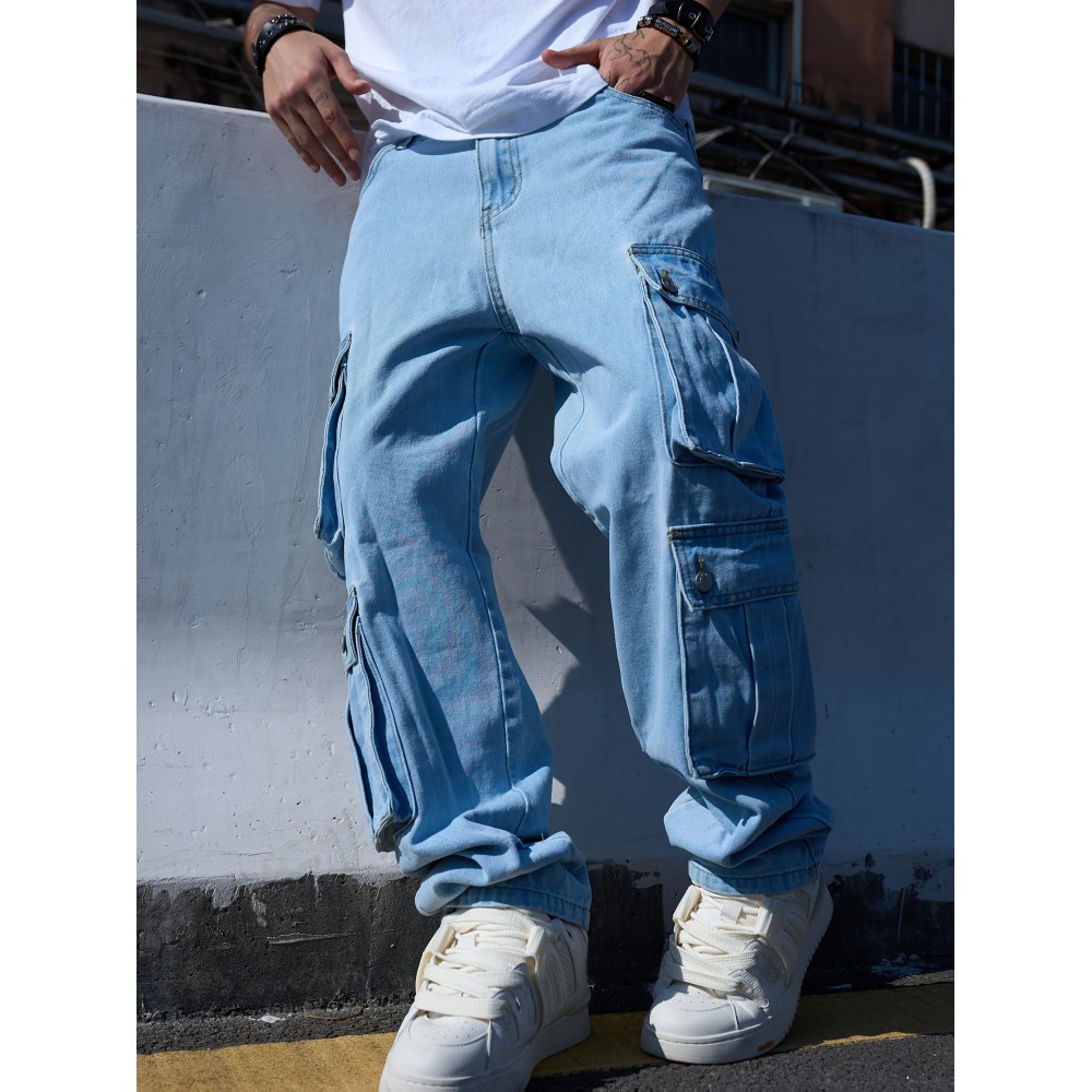 Men's Stylish Loose-Fit Cargo Jeans with Large Pockets - Casual Straight Leg Denim, Machine Washable Men's Stylish Loose-Fit Cargo Jeans with Large Pockets - Casual Straight Leg Denim, Machine Washable