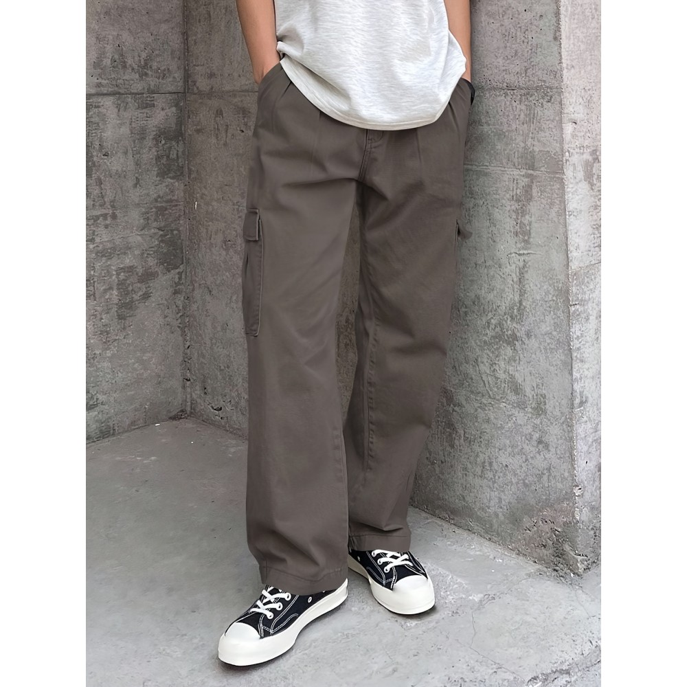 1pc Men'S Casual Denim Cargo Pants, Solid Color, Non-Stretch, Regular Length, Suitable for All Seasons, with Pockets, Woven Fabric, Slim Fit 1pc Men'S Casual Denim Cargo Pants, Solid Color, Non-Stretch, Regular Length, Suitable for All Seasons, with Pockets, Woven Fabric, Slim Fit