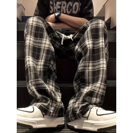 Men's Casual Plaid Long Pants With Drawstring - Basic Straight-Leg Trousers For Casual Wear Men's Casual Plaid Long Pants With Drawstring - Basic Straight-Leg Trousers For Casual Wear