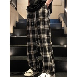 Men's Casual Plaid Long Pants With Drawstring - Basic Straight-Leg Trousers For Casual Wear Men's Casual Plaid Long Pants With Drawstring - Basic Straight-Leg Trousers For Casual Wear