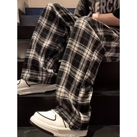 Men's Casual Plaid Long Pants With Drawstring - Basic Straight-Leg Trousers For Casual Wear Men's Casual Plaid Long Pants With Drawstring - Basic Straight-Leg Trousers For Casual Wear