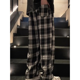Men's Casual Plaid Long Pants With Drawstring - Basic Straight-Leg Trousers For Casual Wear Men's Casual Plaid Long Pants With Drawstring - Basic Straight-Leg Trousers For Casual Wear
