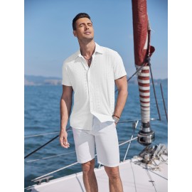 Men's Casual Button-Down Beach Shirt - Short Sleeve, Stretch Fabric, Summer Tropical Top with Turquoise Collar Men's Casual Button-Down Beach Shirt - Short Sleeve, Stretch Fabric, Summer Tropical Top with Turquoise Collar
