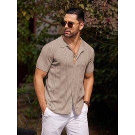 Men'S Summer Casual Knit Button-Down Lapel Shirts - Regular Fit, Slight Stretch Fabric, Solid Color Short Sleeve Casual Shirt with Button Detail Men'S Summer Casual Knit Button-Down Lapel Shirts - Regular Fit, Slight Stretch Fabric, Solid Color Short Sleeve Casual Shirt with Button Detail