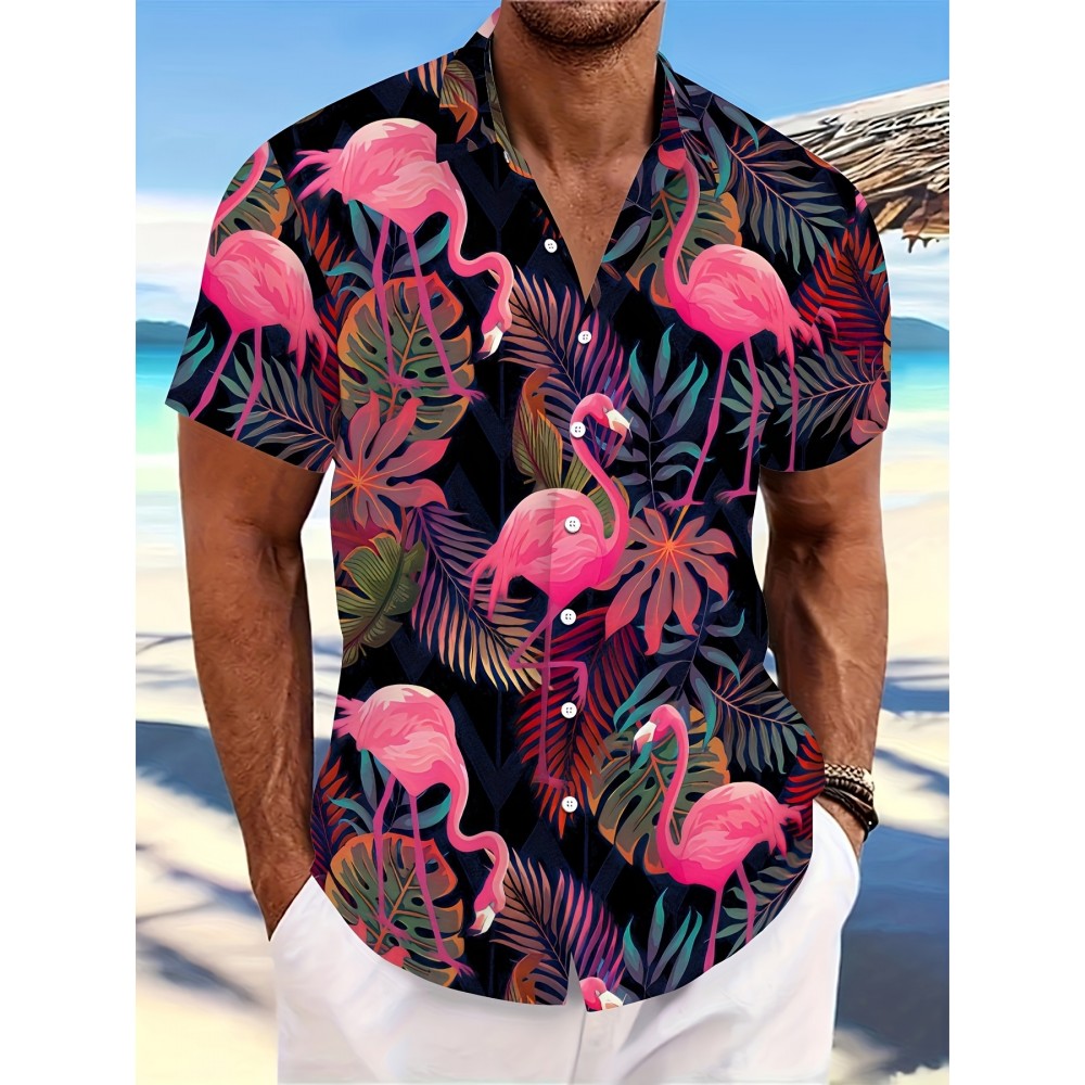 Men's 3D Flamingo Pattern Print Short Sleeve Lapel Shirt Top, Casual Button Up Shirt For Summer Daily Wear And Vacation Resorts Men's 3D Flamingo Pattern Print Short Sleeve Lapel Shirt Top, Casual Button Up Shirt For Summer Daily Wear And Vacation Resorts
