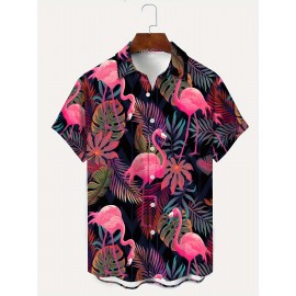 Men's 3D Flamingo Pattern Print Short Sleeve Lapel Shirt Top, Casual Button Up Shirt For Summer Daily Wear And Vacation Resorts Men's 3D Flamingo Pattern Print Short Sleeve Lapel Shirt Top, Casual Button Up Shirt For Summer Daily Wear And Vacation Resorts