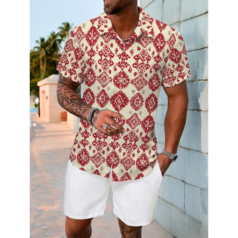 Men'S Summer Casual Print Button-Down Shirt, Polyester Fabric, Non-Stretch, Regular Fit, with Loose Hem, for Woven Lapel Collar Top Men'S Summer Casual Print Button-Down Shirt, Polyester Fabric, Non-Stretch, Regular Fit, with Loose Hem, for Woven Lapel Collar Top