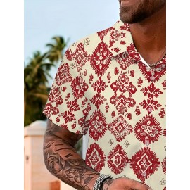 Men'S Summer Casual Print Button-Down Shirt, Polyester Fabric, Non-Stretch, Regular Fit, with Loose Hem, for Woven Lapel Collar Top Men'S Summer Casual Print Button-Down Shirt, Polyester Fabric, Non-Stretch, Regular Fit, with Loose Hem, for Woven Lapel Collar Top