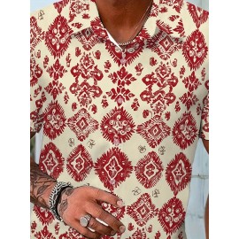 Men'S Summer Casual Print Button-Down Shirt, Polyester Fabric, Non-Stretch, Regular Fit, with Loose Hem, for Woven Lapel Collar Top Men'S Summer Casual Print Button-Down Shirt, Polyester Fabric, Non-Stretch, Regular Fit, with Loose Hem, for Woven Lapel Collar Top