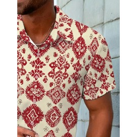 Men'S Summer Casual Print Button-Down Shirt, Polyester Fabric, Non-Stretch, Regular Fit, with Loose Hem, for Woven Lapel Collar Top Men'S Summer Casual Print Button-Down Shirt, Polyester Fabric, Non-Stretch, Regular Fit, with Loose Hem, for Woven Lapel Collar Top