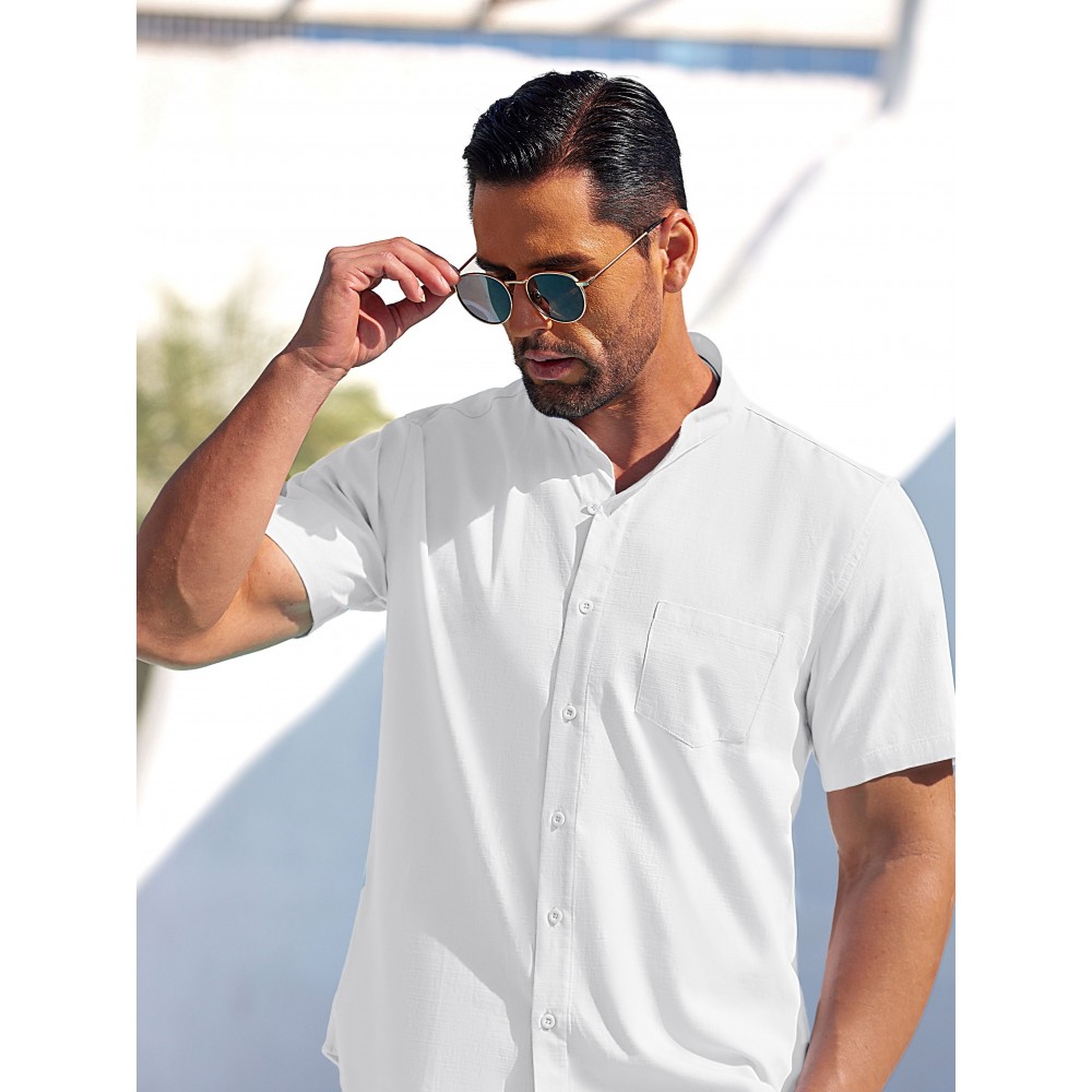 Men's Casual Button Down Cotton Shirts Short Sleeve Band Collar Beach Summer Shirt Tops Men's Casual Button Down Cotton Shirts Short Sleeve Band Collar Beach Summer Shirt Tops