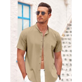 Men's Casual Button Down Cotton Shirts Short Sleeve Band Collar Beach Summer Shirt Tops Men's Casual Button Down Cotton Shirts Short Sleeve Band Collar Beach Summer Shirt Tops