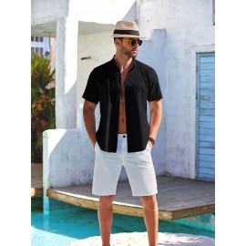 Men's Casual Button Down Cotton Shirts Short Sleeve Band Collar Beach Summer Shirt Tops Men's Casual Button Down Cotton Shirts Short Sleeve Band Collar Beach Summer Shirt Tops