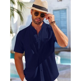 Men's Casual Button Down Cotton Shirts Short Sleeve Band Collar Beach Summer Shirt Tops Men's Casual Button Down Cotton Shirts Short Sleeve Band Collar Beach Summer Shirt Tops