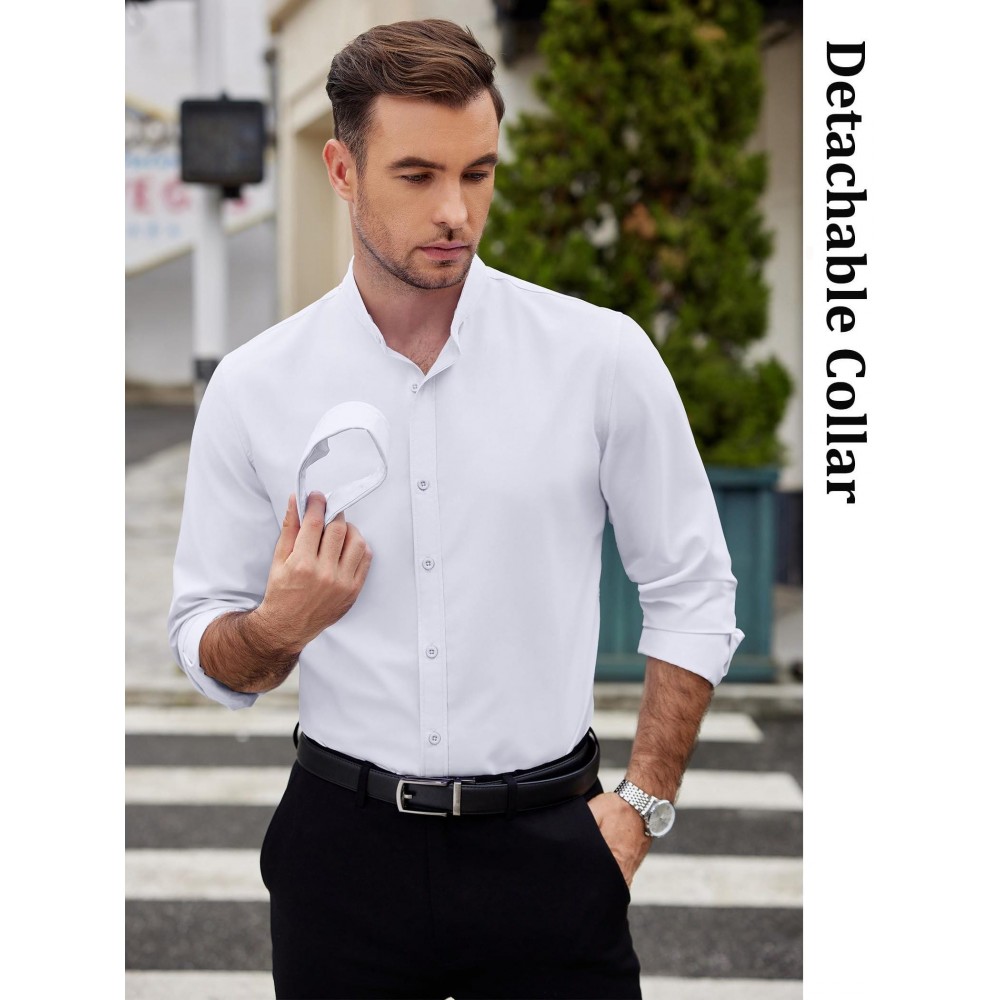 Men's 2-in-1 Formal & Casual Shirt with Detachable Collar - Long Sleeve, Wrinkle-Resistant Polyester Blend, Button-Up Business Style Men's 2-in-1 Formal & Casual Shirt with Detachable Collar - Long Sleeve, Wrinkle-Resistant Polyester Blend, Button-Up Business Style