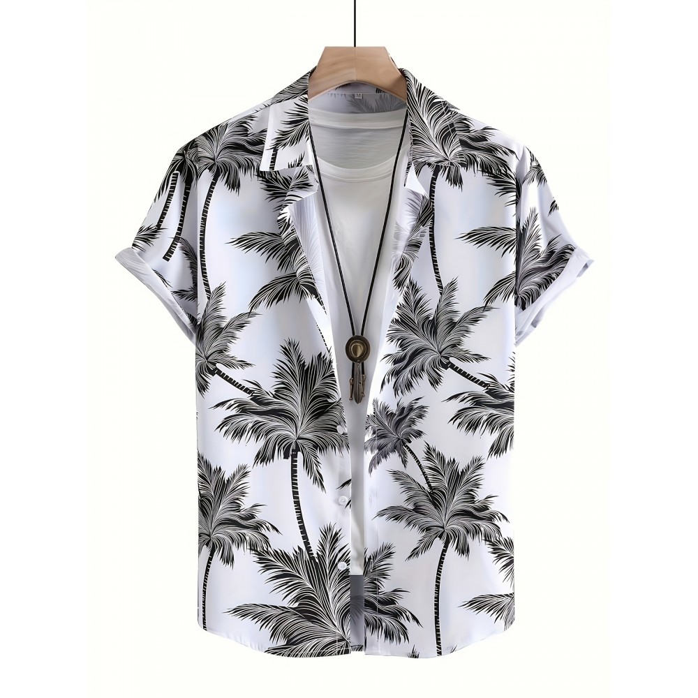 Tropical Coconut Tree Pattern Print Men's Short Sleeve Button Up Lapel Shirt For Summer Resort Holiday, Hawaiian Style Tropical Coconut Tree Pattern Print Men's Short Sleeve Button Up Lapel Shirt For Summer Resort Holiday, Hawaiian Style