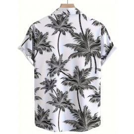 Tropical Coconut Tree Pattern Print Men's Short Sleeve Button Up Lapel Shirt For Summer Resort Holiday, Hawaiian Style Tropical Coconut Tree Pattern Print Men's Short Sleeve Button Up Lapel Shirt For Summer Resort Holiday, Hawaiian Style