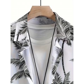 Tropical Coconut Tree Pattern Print Men's Short Sleeve Button Up Lapel Shirt For Summer Resort Holiday, Hawaiian Style Tropical Coconut Tree Pattern Print Men's Short Sleeve Button Up Lapel Shirt For Summer Resort Holiday, Hawaiian Style