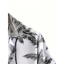 Tropical Coconut Tree Pattern Print Men's Short Sleeve Button Up Lapel Shirt For Summer Resort Holiday, Hawaiian Style Tropical Coconut Tree Pattern Print Men's Short Sleeve Button Up Lapel Shirt For Summer Resort Holiday, Hawaiian Style