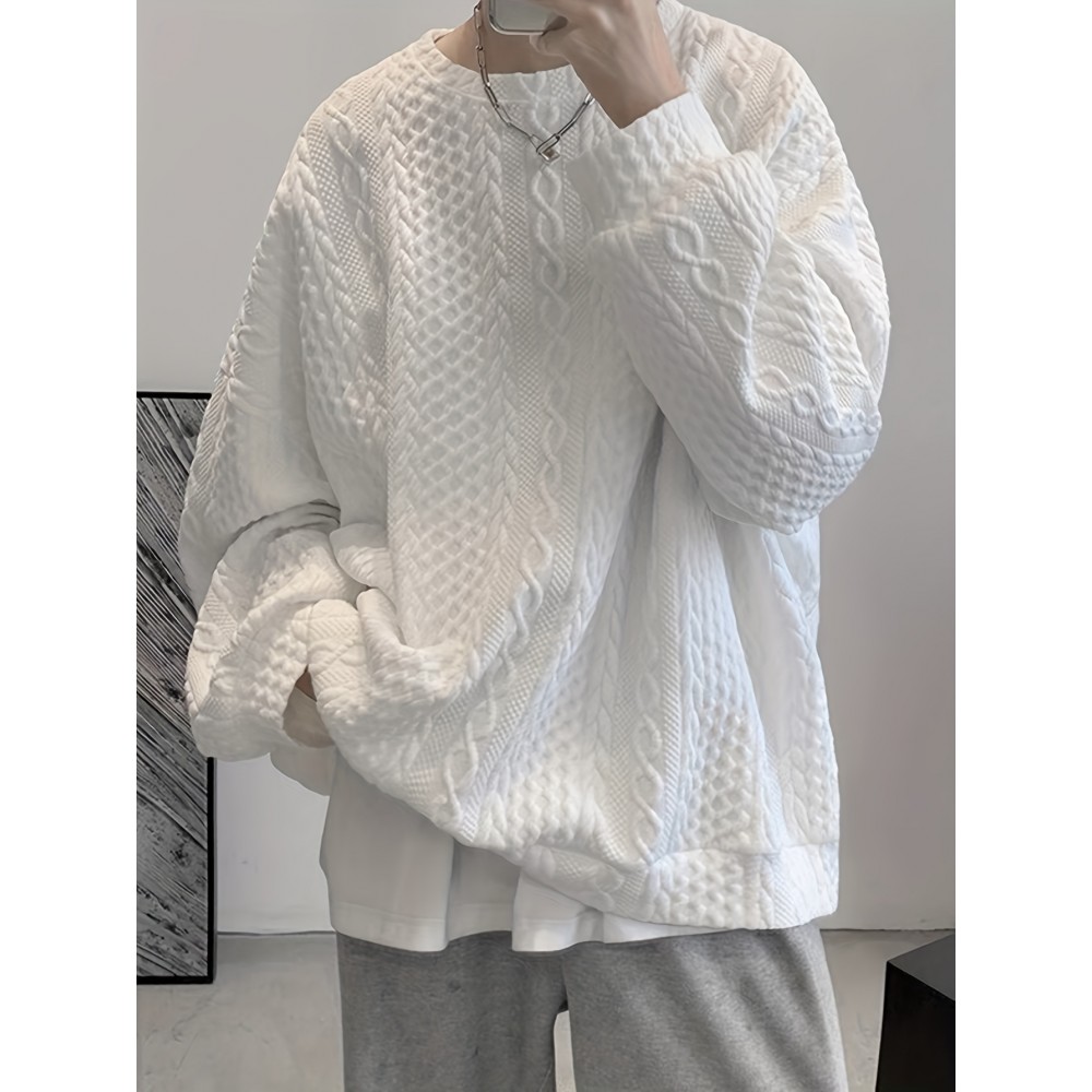 Trendy Cable Sweatshirt, Men's Casual Solid Crew Neck Sweatshirt For Men Fall Winter Trendy Cable Sweatshirt, Men's Casual Solid Crew Neck Sweatshirt For Men Fall Winter