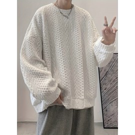 Trendy Cable Sweatshirt, Men's Casual Solid Crew Neck Sweatshirt For Men Fall Winter Trendy Cable Sweatshirt, Men's Casual Solid Crew Neck Sweatshirt For Men Fall Winter