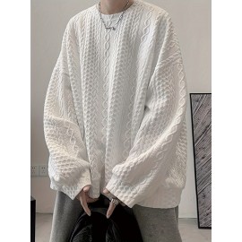 Trendy Cable Sweatshirt, Men's Casual Solid Crew Neck Sweatshirt For Men Fall Winter Trendy Cable Sweatshirt, Men's Casual Solid Crew Neck Sweatshirt For Men Fall Winter