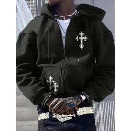 Men's Fashion Cross Print Long Sleeve Hoodie - Classic Zip-Up Design, Casual Style, Ideal For Fall And Winter Men's Fashion Cross Print Long Sleeve Hoodie - Classic Zip-Up Design, Casual Style, Ideal For Fall And Winter